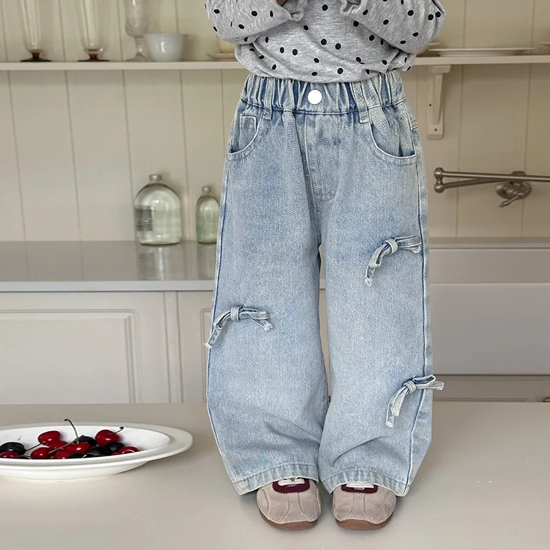 

Autumn 2024 Children's Pants Girl Korean Bow Jeans Children Middle-waisted Solid Color Light Blue Loose Pants Wide Leg Pants