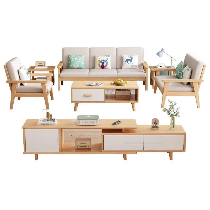 Massivholz-Sofa, Couchtisch, TV-Schrank-Kombination, schlicht, modern, für kleine Wohnungen, Wohnzimmer, Ecksofa aus Stoff