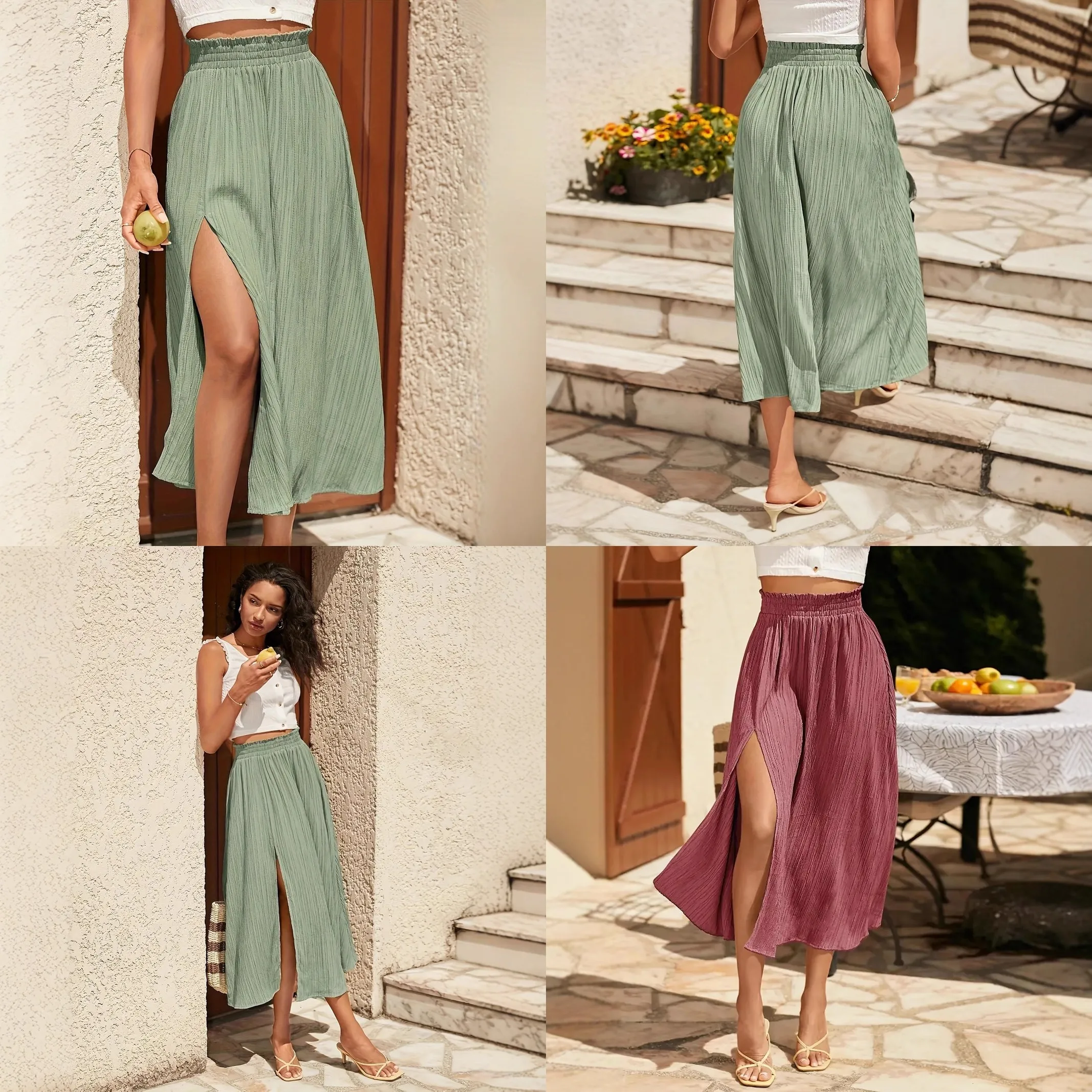 Women Summer Skirt High Waist Split Maxi Skirt Elastic Waist Beach Long Skirt Spring Summer Vacation Skirts