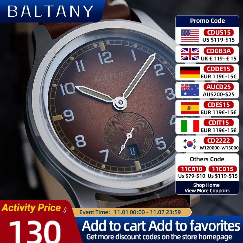 

Baltany 39mm D12 Field Watch Date Sub-second Luminous 10ATM Sapphire Stainless Steel ST1731 Automatic Retro Military Watches