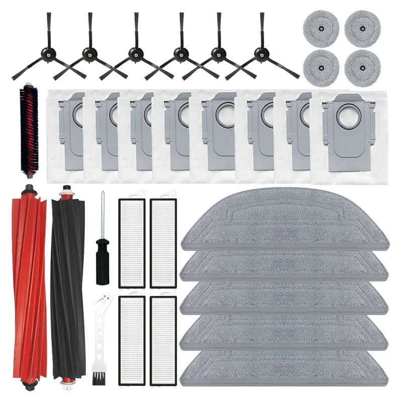 

Комплект аксессуаров для робота-пылесоса A65Z для Roborock S8 Max Ultra - основная и боковые щетки, HEPA-фильтр, сменные салфетки для швабры и мешки для сбора пыли.