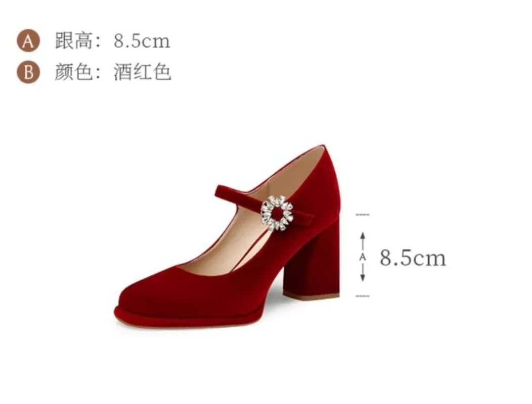 2025 Spring New Coarse Heel Pointed Shoes Women with One Line Buckle Shallow Mouth High Heels Silk Red Wedding Shoes
