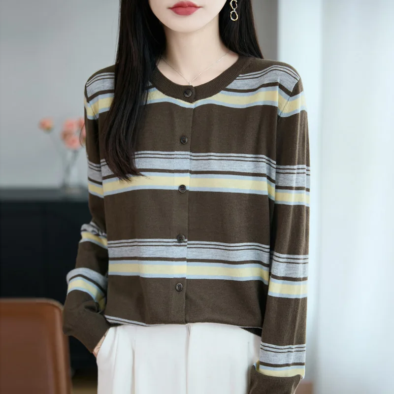 French Design Stripe Knitted Open Cardigan Women's Loose Fit Slimming Sweater Autumn New Style Premium Wool Comfortable Casual