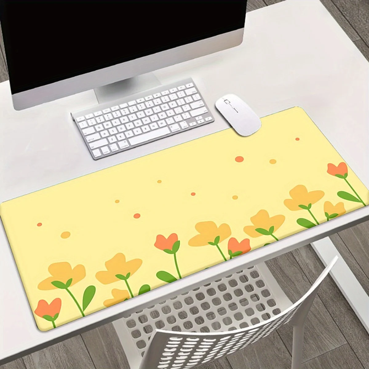 1 Buah Alas Cetak Latar Belakang Kuning dengan Desain Bunga untuk Meja, Alas Mouse XXL Multifungsi, Alas Mouse Gaming Keyboard, Kantor