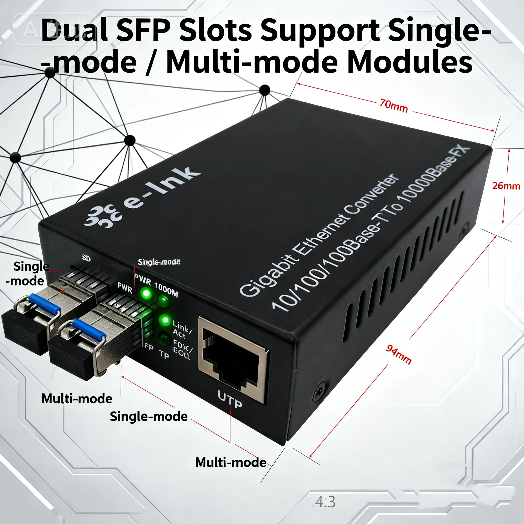 10/100/1000M Gigabit Ethernet Media Converter SFP Slot with DIP Switch
