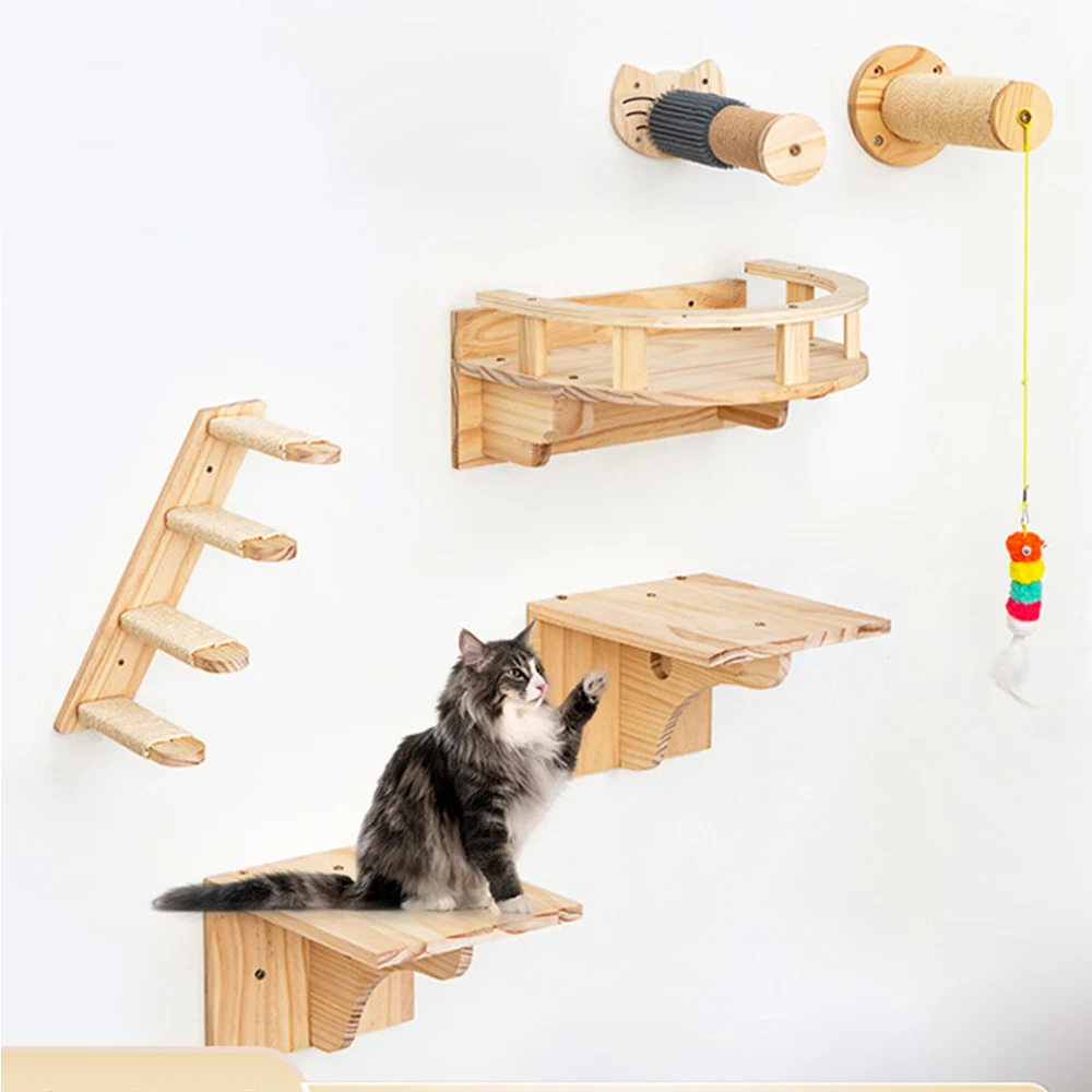 

Cat Tower Tree Wall Mounted Wooden Climbing Shelf for Cat Bed and Scratcher Post, Ladder, Widen Steps for Kitten Play & Rest