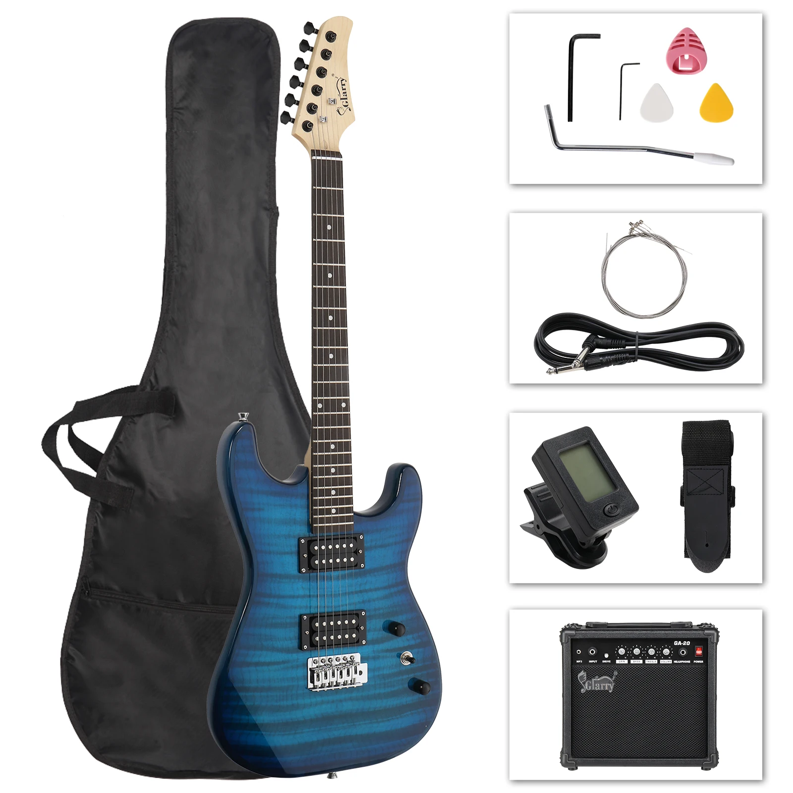 Kit per chitarra elettrica GST elegante pickup HH Tiger Stripe con tracolla per chitarra con borsa AMP da 20 W blu