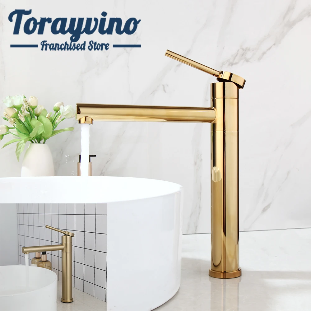 

Torayvino Bathroom Basin Faucet Deck Mounted Stream Gold Plate/Gold Brushed/Matte Black Single Hole Hot Cold Water Mixer Taps