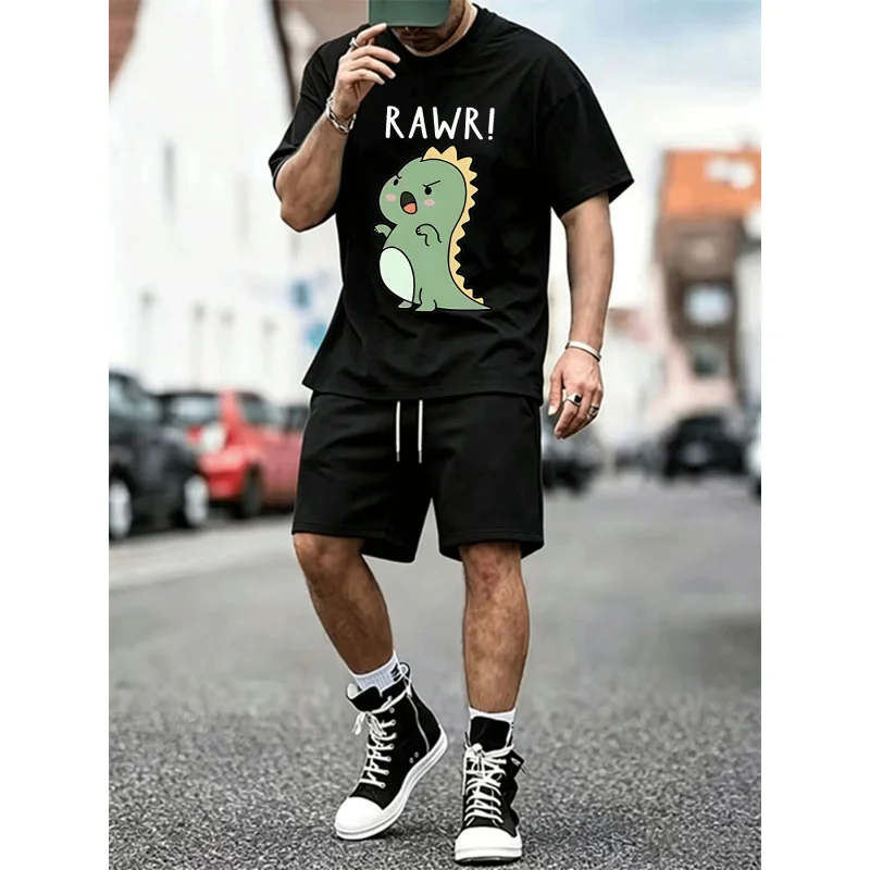 

Men's 2 Piece Outfits Cute Dinosaur RAWR Print Oversized T-Shirt and Shorts Set Summer Casual Mesh Tracksuit