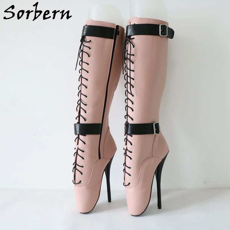 Sorbern Blush Pink Knee High Boots Unisex Ballet Stilettos High Heel Black Straps Fetish Bdsm Pinup Toe Shoe Lace Up New