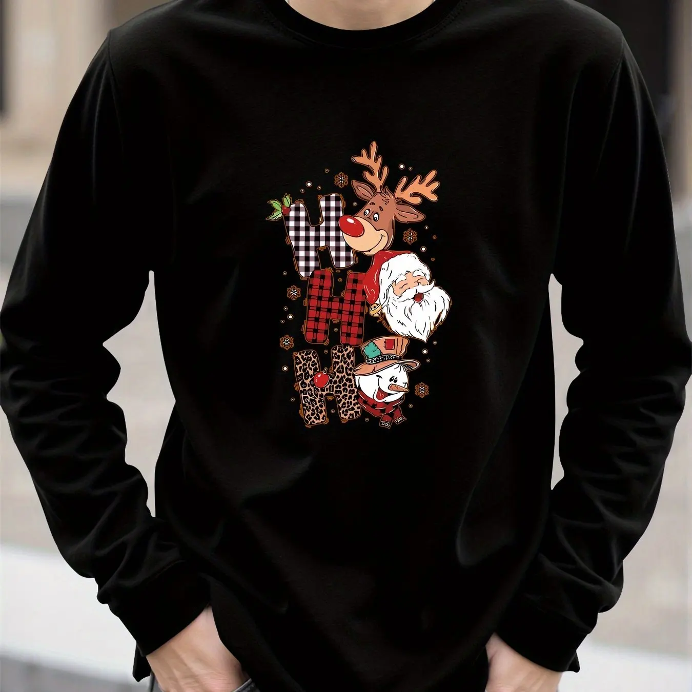 

Cartoon Christmas Elk Print Men's Long Sleeve T-shirt Fashion New Year X'mas Tee Clothing Spring Autumn Casual O-neck Loose Tops