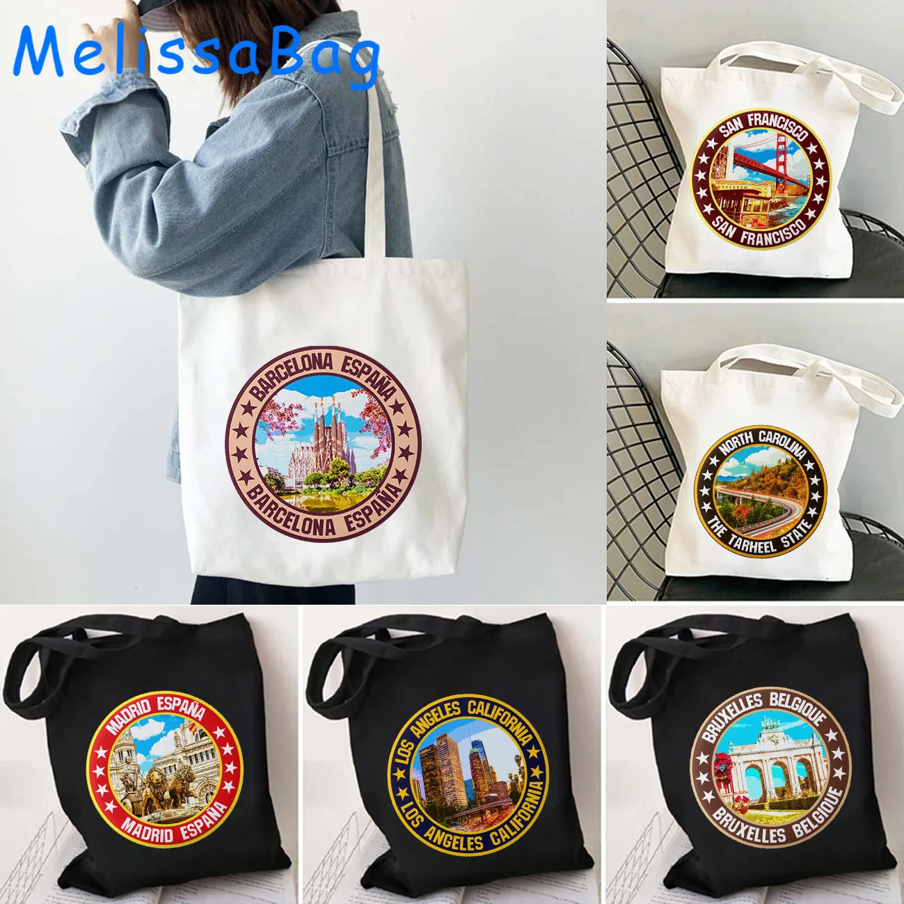 Barcelona Bern Brüssel Grünland Los Angeles San Francisco Madrid Massa chusetts Stadt Emblem Leinwand Schulter taschen Tasche Handtaschen