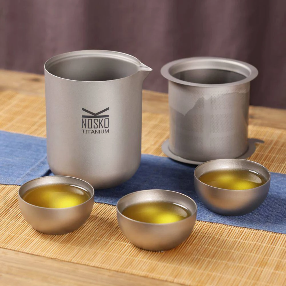 

Titanium Tea Set Portable Travel Tea Cup, Double Wall Heat Resistant Titanium Teapot with Fine Filter Spout Design Outdoor Camp