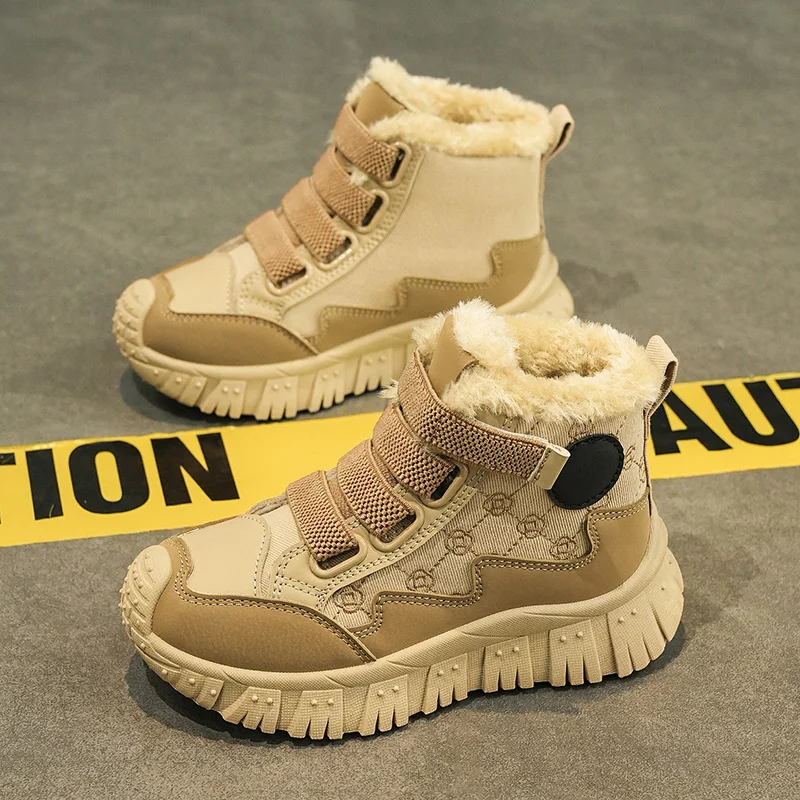 Zapatillas altas de terciopelo para invierno, botas de nieve rosas para niñas y niños, botas cálidas de algodón de felpa, zapatos de senderismo con plataforma para exteriores para niños