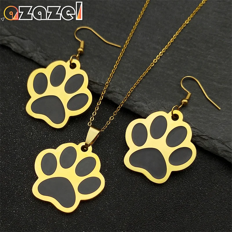 

Cute Dog Cat Claws Puppy Necklace Earrings For Women Men Stainless Steel Gold Color Pet Footprint Chain Jewelry Set Gifts