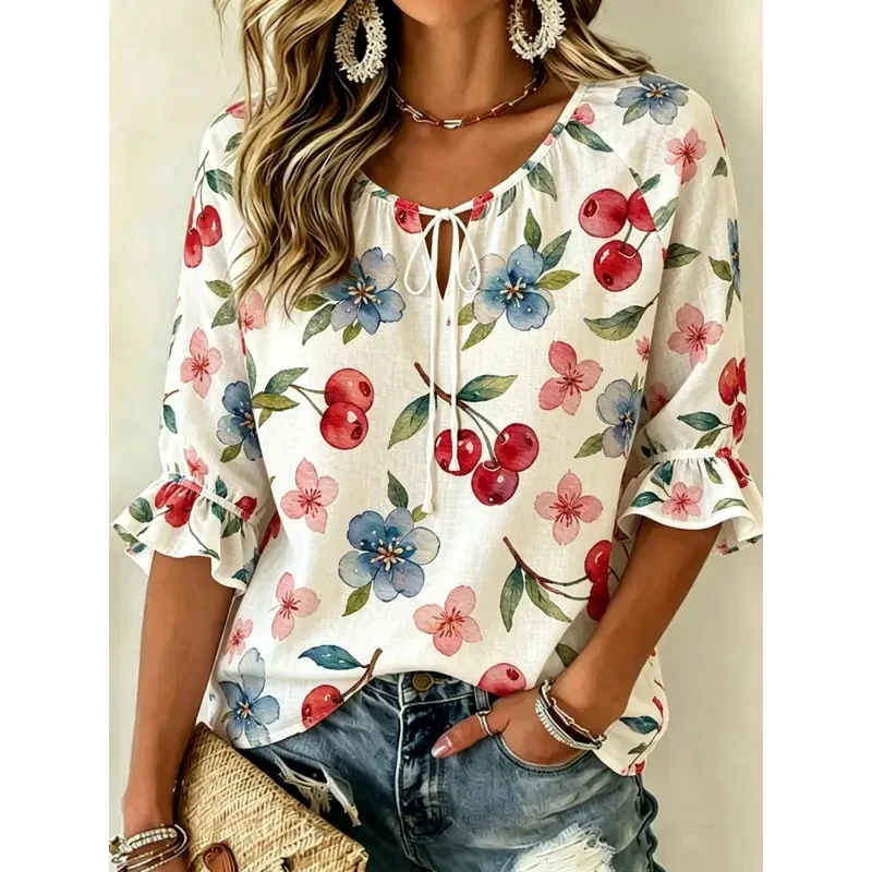 Women's Spring Summer 3D Printed Tie V Neck Blouse, White Base Big Red Peony Watercolor Floral Loose Beach Top