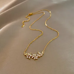 Exquisite Luxury Zircon Crystal Flower Gold Color Stainless Steel Pendant Necklace for Women Trendy Valentine's Day Gift Jewelry