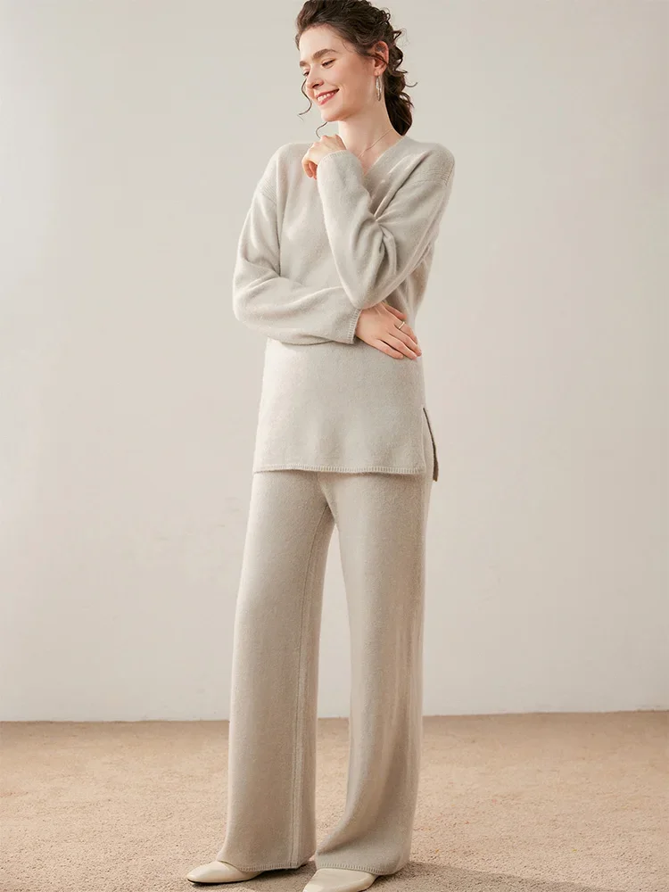Fashion Women Sweater Casual Suite 100% Cashmere Pullover Sweater Pants Lounge Set  Autumn Winter V-Neck Tunic Top Wide Leg Pant