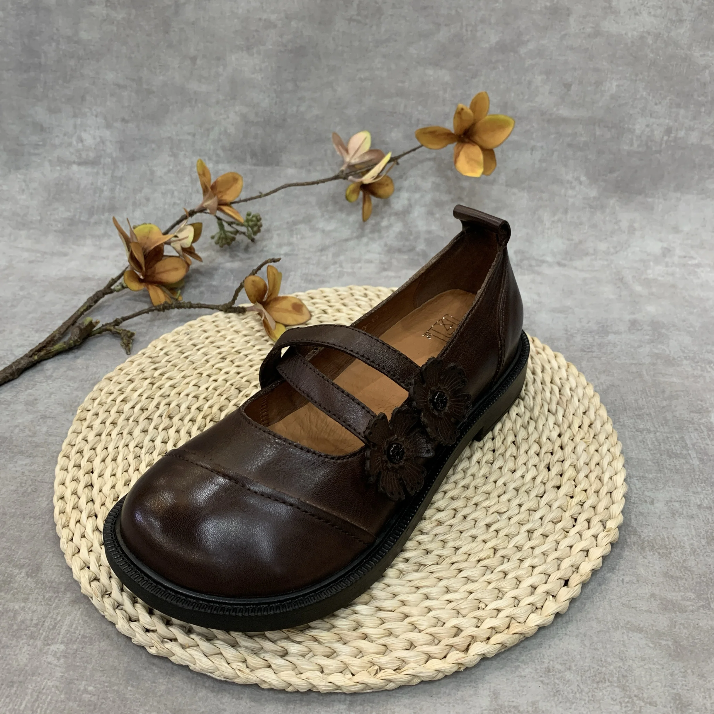 Birkuir-zapatos Mary Jane con cinturón cruzado para mujer, mocasines con flores de cabeza grande, de tacón bajo, de cuero genuino, sin cordones