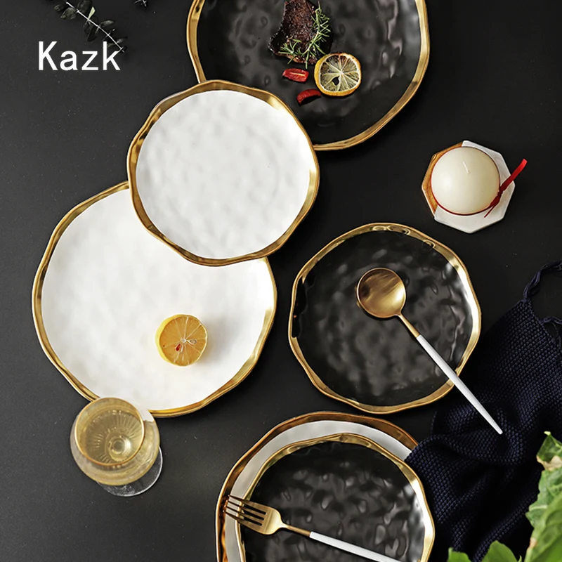 Light Luxury Golden Edge Ceramic Plate Personalized Dining Table Decor Steak Dinner Plates Sushi Dishes European Style Tableware