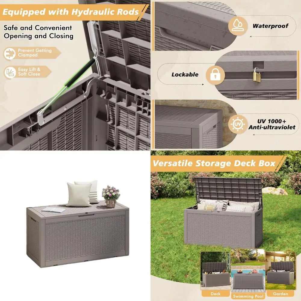 

100 Gallon Grey Outdoor Storage Box - Waterproof, UV-Resistant, Lockable for Patio, Garden, and Pool Supplies