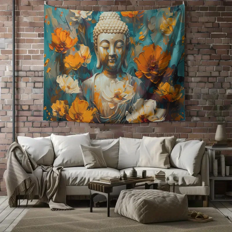 Luxurious Boho Buddha Floral Tapestry Wall Hanging Bohemian Zen Spiritual Art Print Decoration for Living Room Nursery Bedroom H