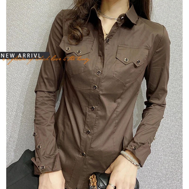 2024 New Fall Winter European Clothes Green Shirts Office Lady Pocket Blouses Chic Sexy Button Up Women Long Sleeve Tops 311126