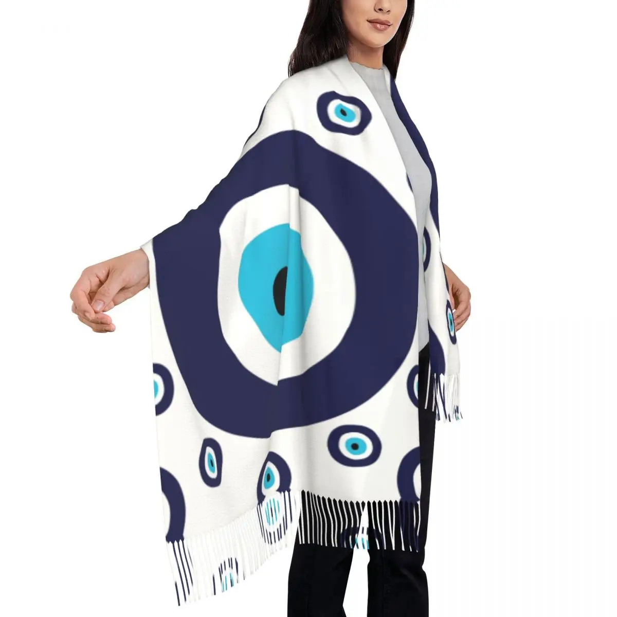 Custom Navy Blue And Aqua Nazar Evil Eye Lucky Charm Pattern Scarf Women Stylish Winter Shawl Wraps Amulet Boho Tassel Wraps