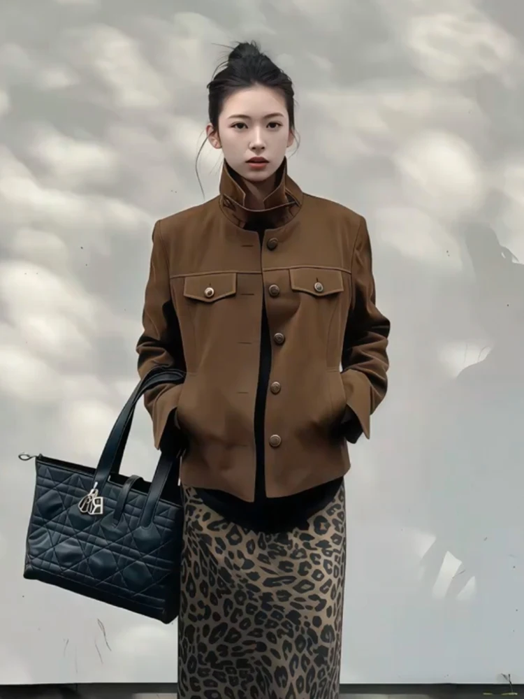 

Американский ретро-стиль, кофейный цвет, женская куртка-жакет, мотоциклетная одежда, верхняя одежда, рабочая одежда, осенний универсальный топ