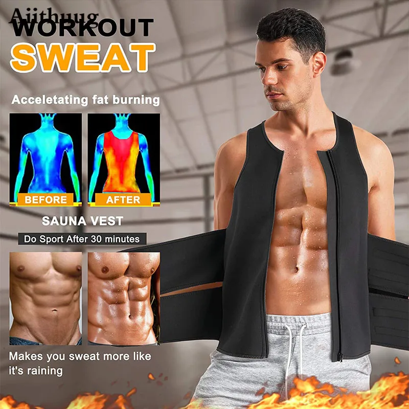 Aiithuug Sauna Vest for Men Waist Trainer Zipper Neoprene Sauna Sweat Suit Tank Top Workout Waist Trimmer Vest Neoprene Suit