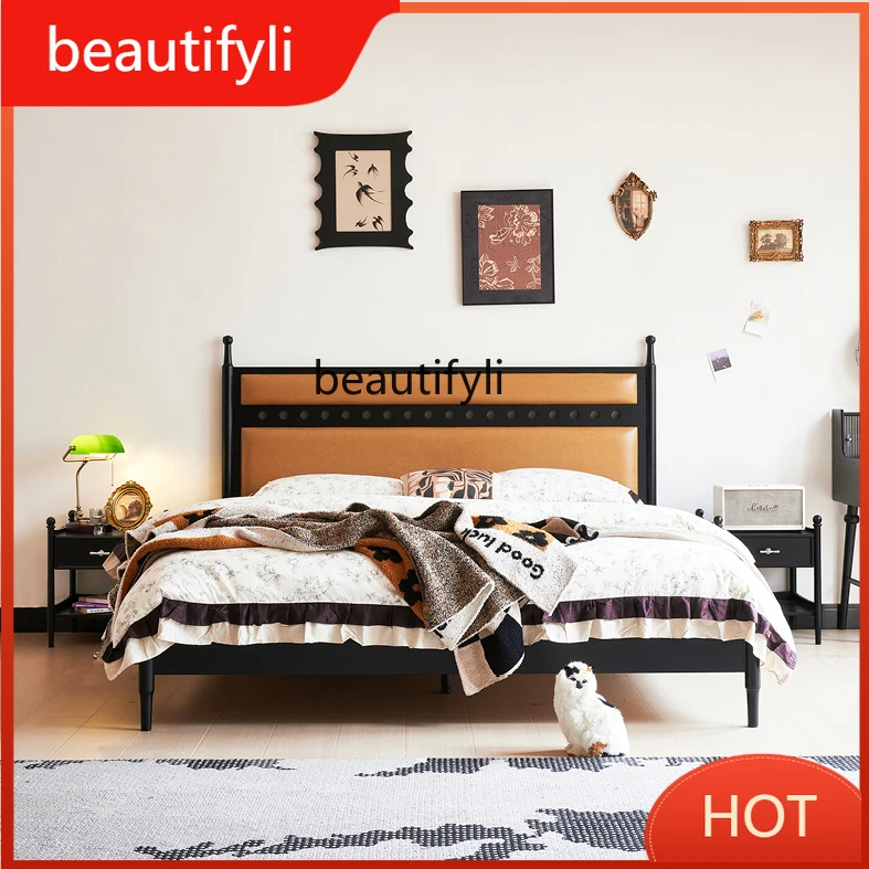 A139 Vintage Style Solid Wood Bed 1.8m Master Bedroom American Double Bed Retro Style Red Oak Wedding Bed