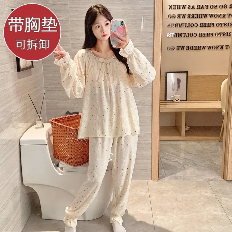 بيجامات قطنية سحابية مع وسادات صدر للنساء ، طقم بنطلون حلو بأكمام طويلة ، ملابس منزلية للربيع والخريف ، مقاس كبير ، عرض عرض فضفاض ، جديد
