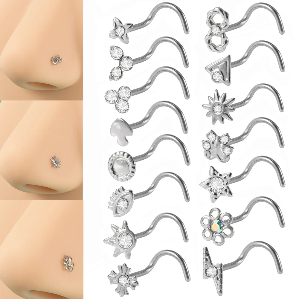 1PC Surgical Steel Twisted Nose Studs Hooks Crystal CZ Irregular Nose Bone Studs Screw Ring Nostril Body Piercing Jewelry 20G
