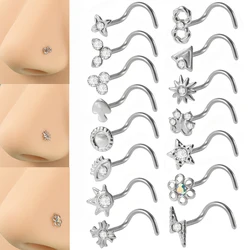 1PC Surgical Steel Twisted Nose Studs Hooks Crystal CZ Irregular Nose Bone Studs Screw Ring Nostril Body Piercing Jewelry 20G