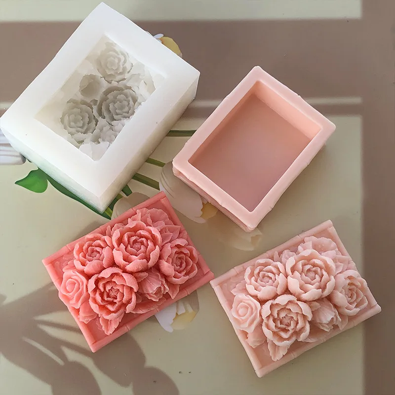 Peony Flowers Pattern Jewelry Box Silicone Molds  Rectangle Plaster Storage Jar Mold Concrete Candle Cup with Lid Making Tools