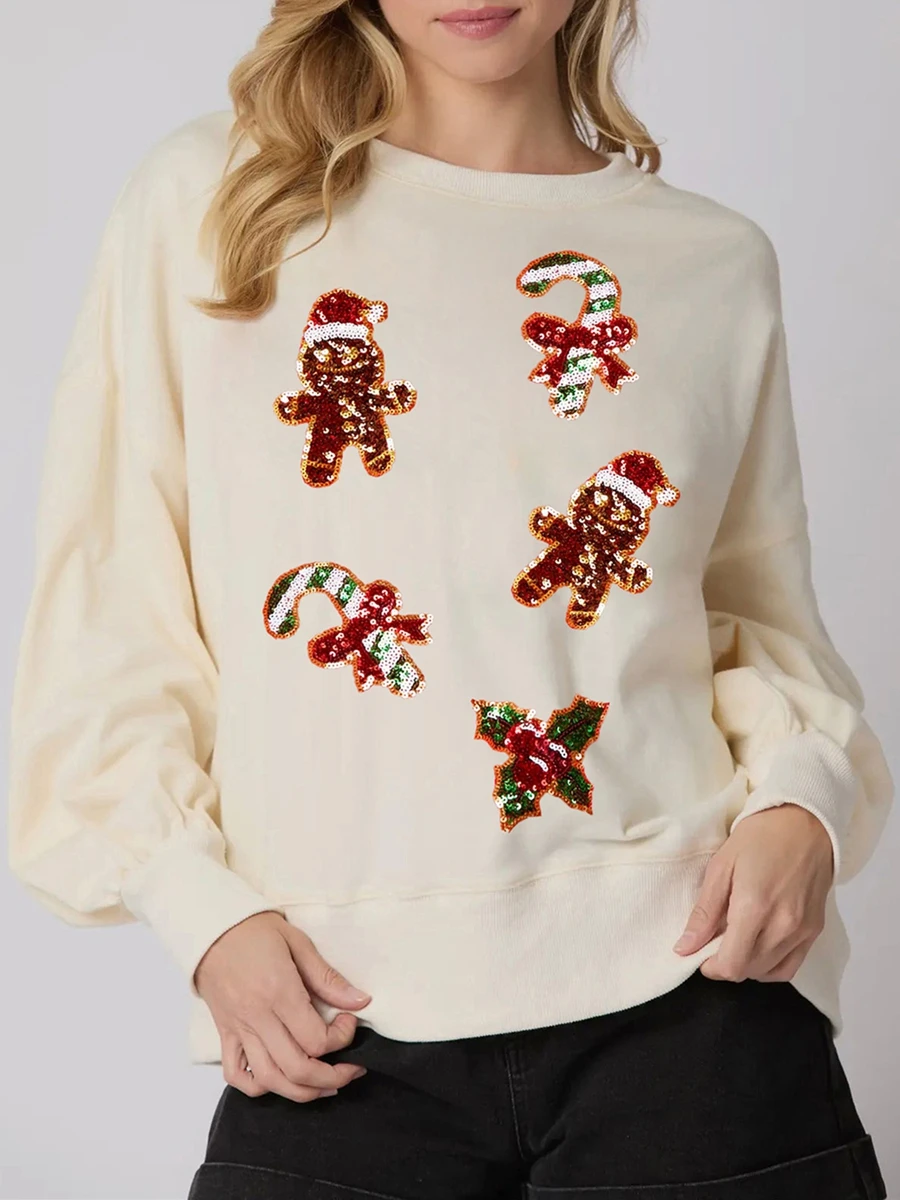 Womens Sequin Christmas Sweatshirt Gingerbread Crewneck Long Sleeve Pullover Tops Autumn Casual Loose Fit Hoodies Streetwear Y2K