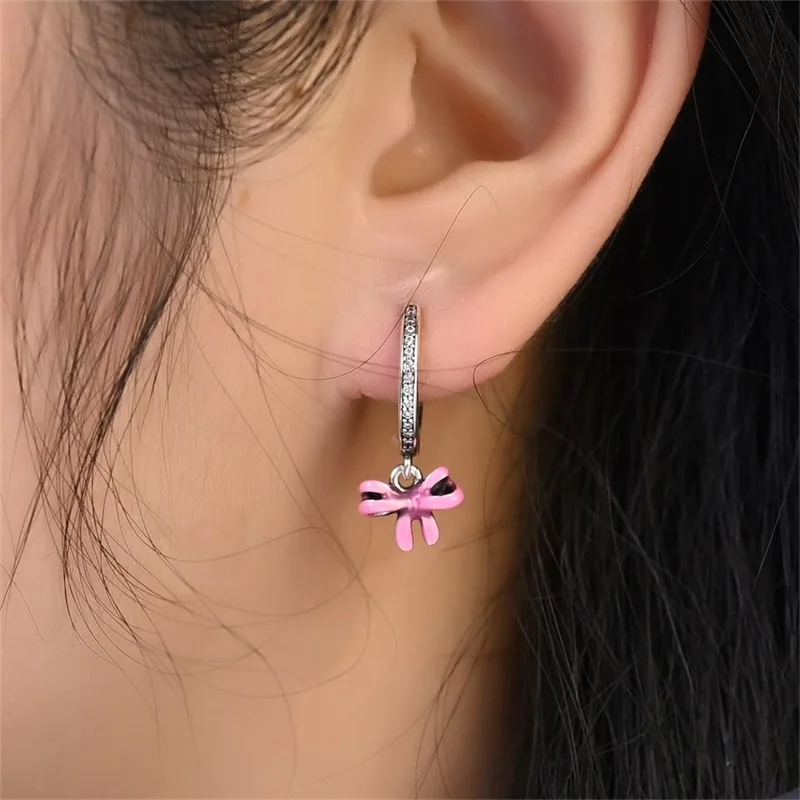 New Earrings 925 Silver Original Princess Bow Pink Butterfly Tulip Double Hoop Earrings For Women Girls Jewelry Birthday Gift