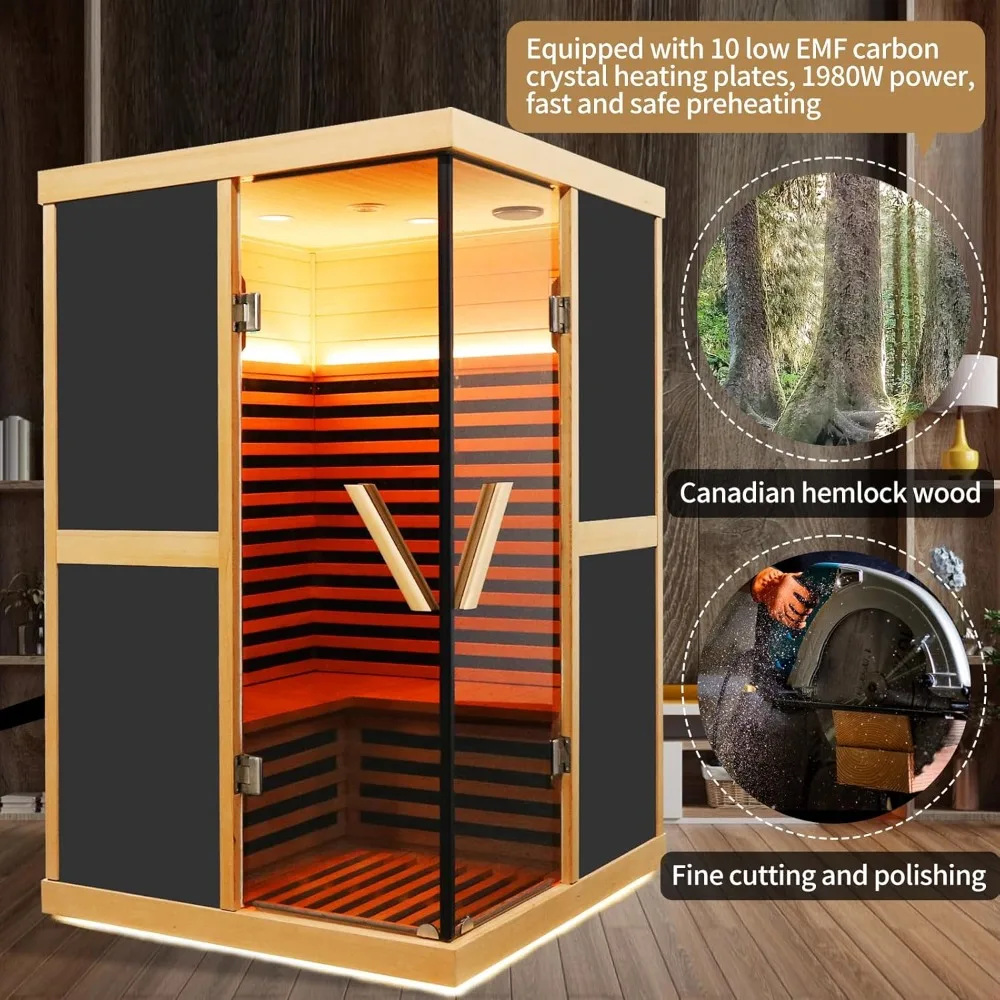 Infrared Sauna Two Person Saunas APP Control 1980W Wooden Home Spa Room Canadian Hemlock Wood Low-EMF Indoor Saunas