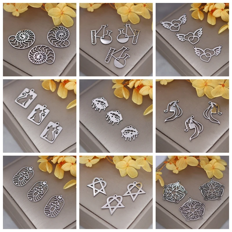 3pcs DIY Jewelry Conch/Heart/Cat/Star/Long Hair Girl/Mushroom Bracelets Stainless Steel Pendant Charms for Jewelry Making Craft