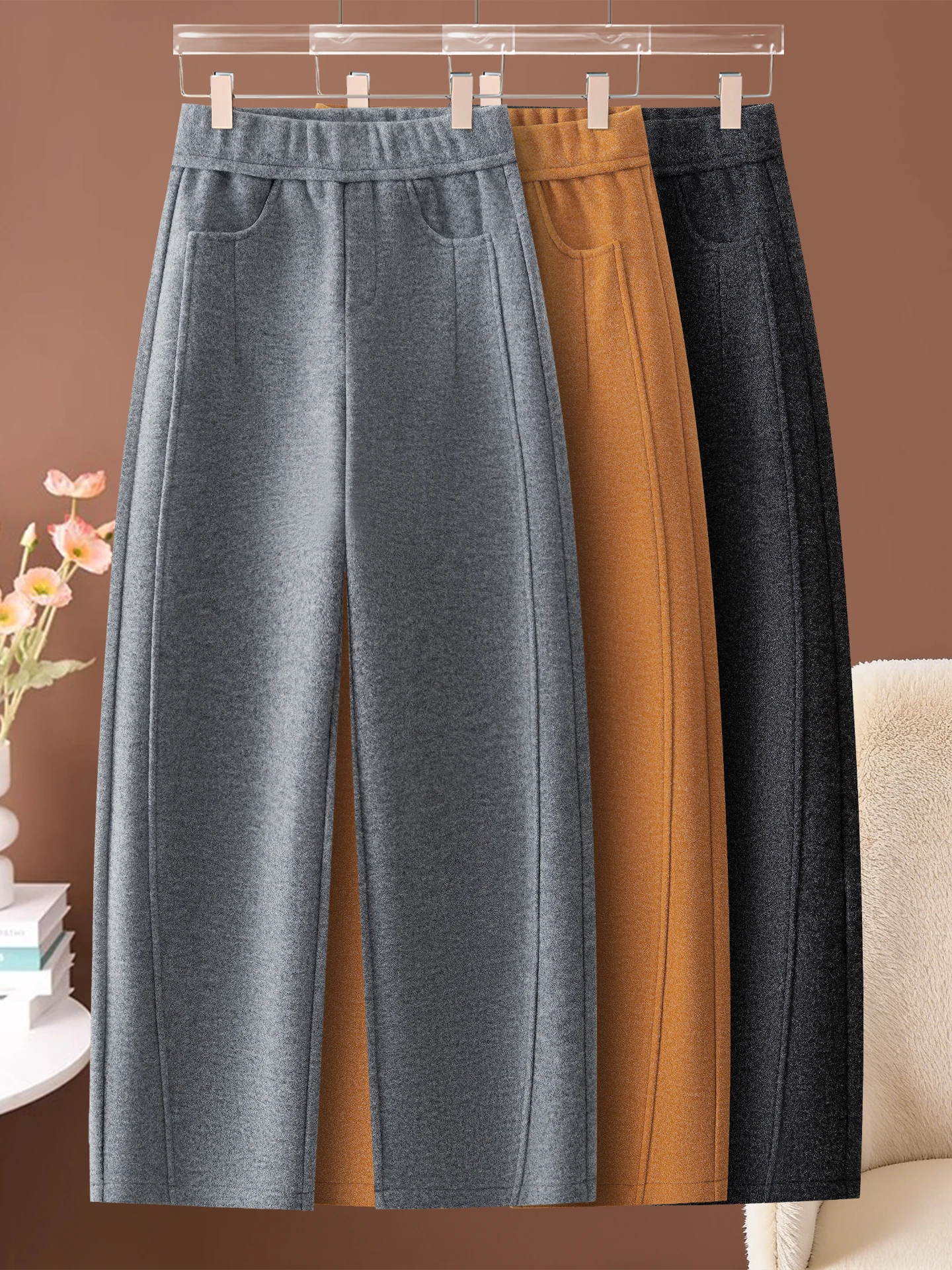 

High Waist Loose Fitting Woolen Trousers Women's Autumn Winter Casual Straight Leg Bend Knife Pants Fleece Lined Comfortable