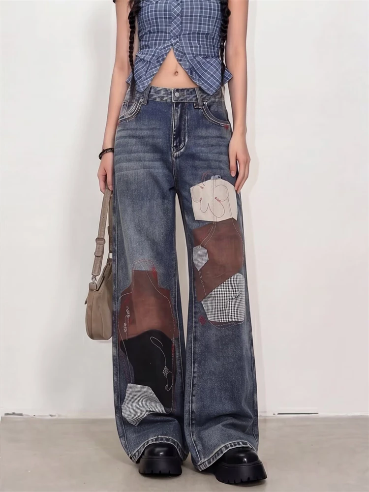 Women's Color-blocking Design Jeans Street Blue Casual Pants Cool Girl Wide Leg Sweatpants Retro Bottoms Female High Waist Pants