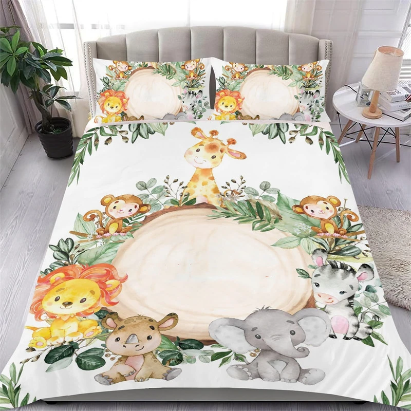 Imagem -02 - Cute Cartoon Animals Bedding Conjunto para Meninos e Meninas Lovely Baby Elephant Flowers Duvet Cover Girafa Quilt Cover Twin Full Gift