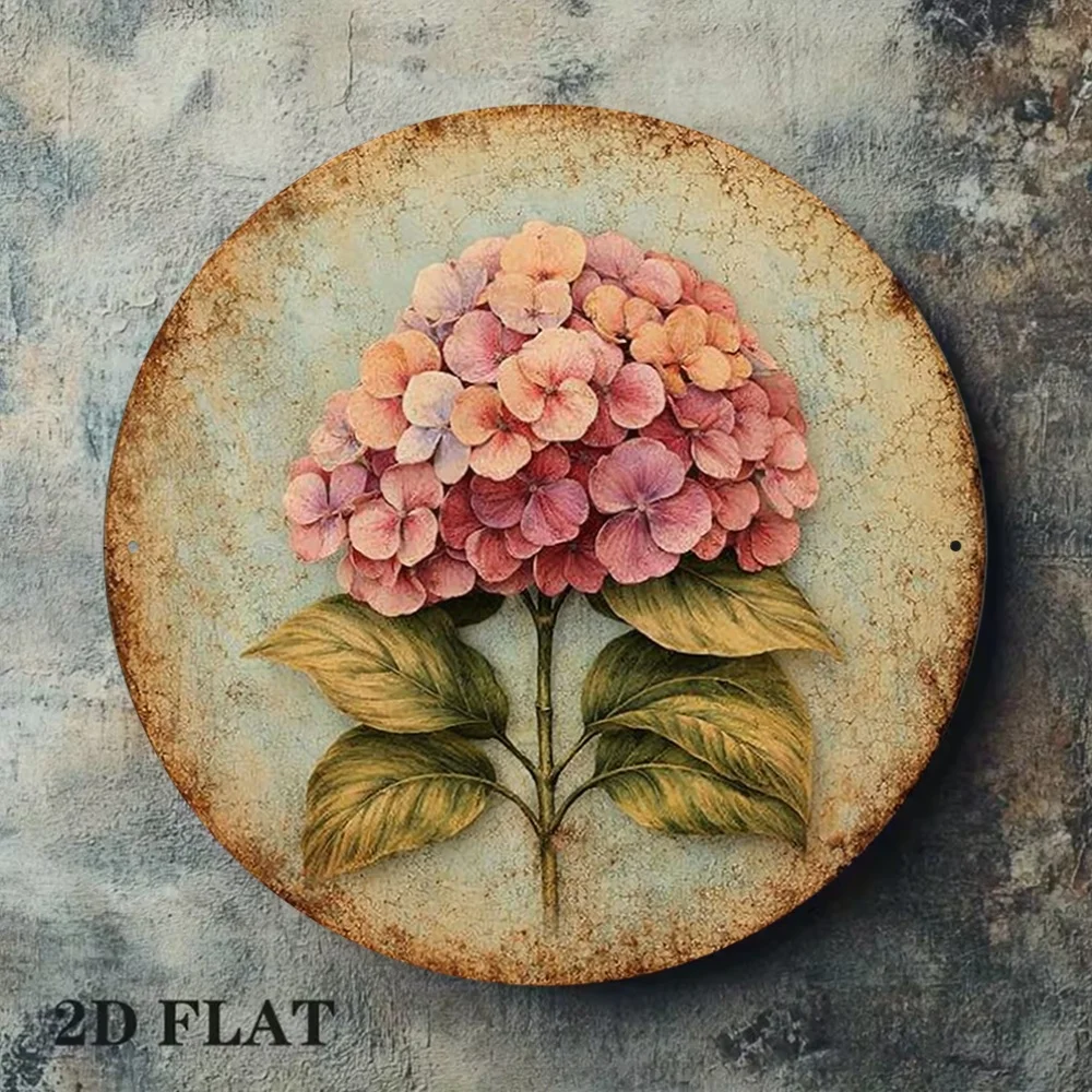 2D Flat, 1pc 8x8in/20x20cm 2D Flat Round Aluminum Sign, Hydrangea Vintage Aluminum Plaque, Vintage Floral Decorative Sign, Suita