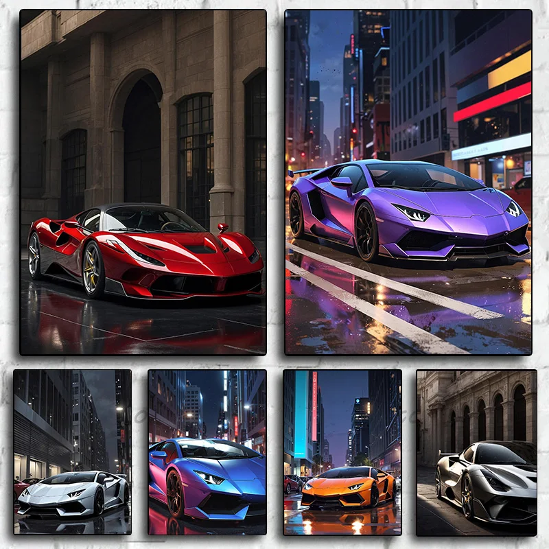 سيارة أبيض وأسود موضة المدينة الفاخرة الرياضة المشارك طباعة صور فنية للجدران قماش اللوحة غرفة المعيشة غرفة نوم ديكور المنزل هدية #1