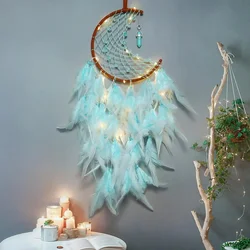 1 Pc Romantic Turquoise Pendant Beads Moon Dream Catcher with Fairy Lights-Handmade Feather Lucky Wall Hanging Ornament