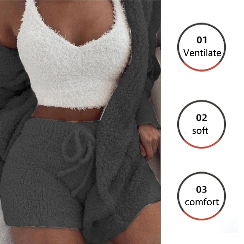 3PCS/Set Thickened Warm Sleepwear Winter Women Long Plush Long-Sleeved Revealing Vest Shorts Student Homewear Solid Fashion