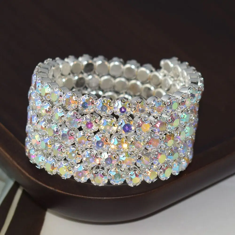 Fashion Bridal Jewelry Three & Five Rows Crystal Rhinestones Color Bracelets for Women Wedding Full Rhinestone Hand Wrist Bracel