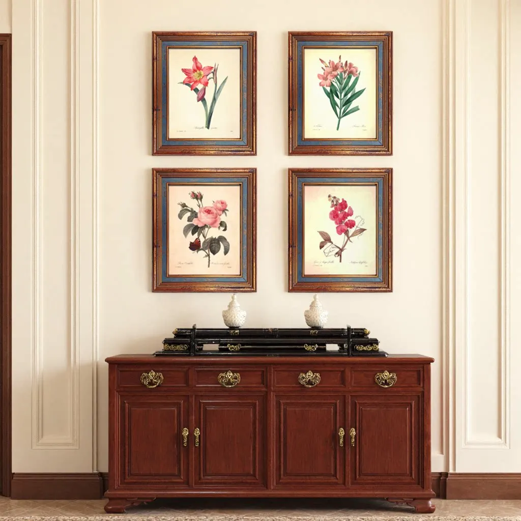 Solid Wood Simple American-Style Photo Wall with a High-End Feel, Decorative for Living Room and Dining Room, Vintage European-Style Picture Frame Wall Hanging, Set of 4 Pieces
