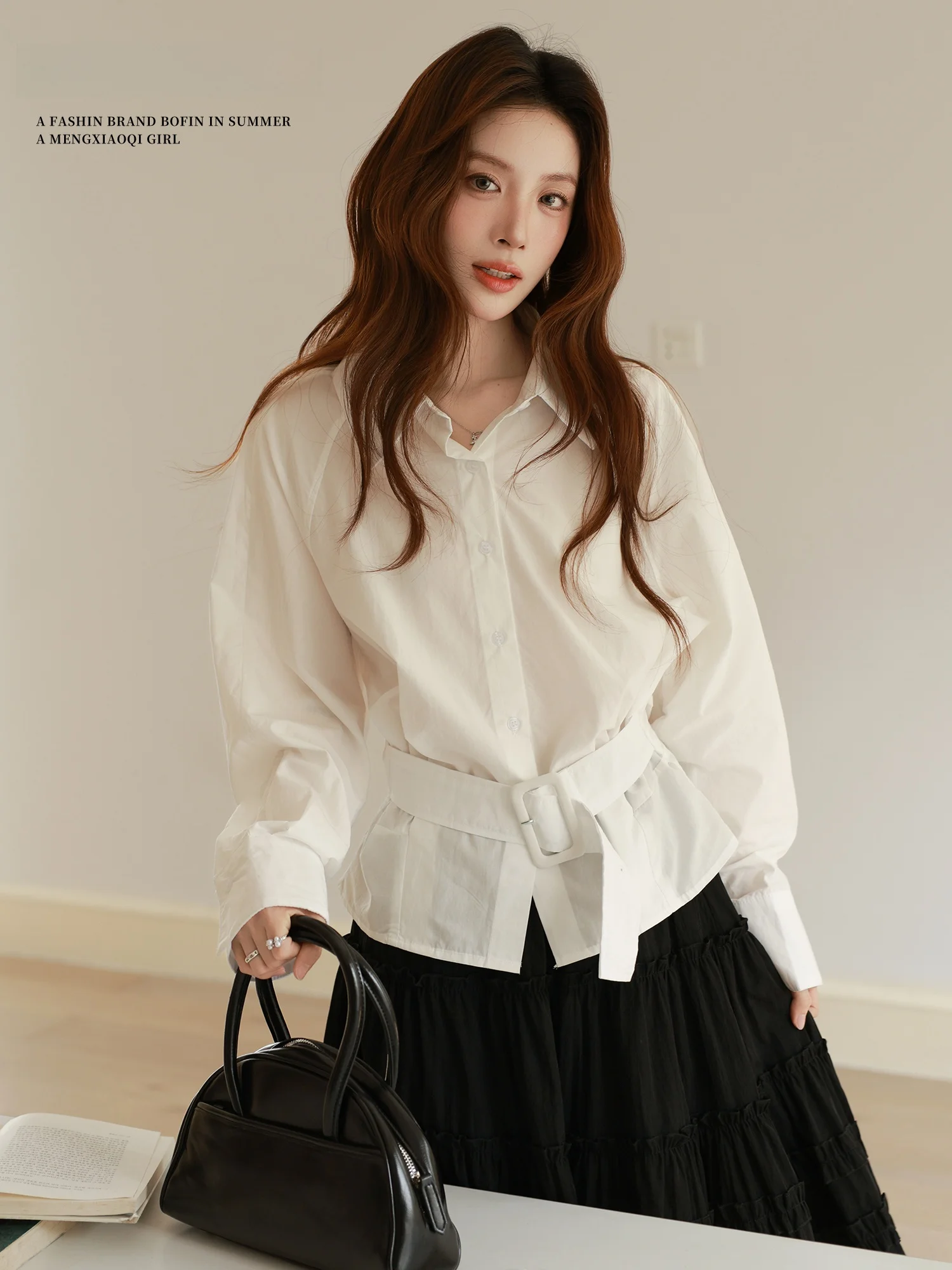 

Meng Xiaoqi Women's Long Sleeve Shirt Waist Cinched Design White Gentle Style Spring Fashion Belted Shirt Female Premium Feeling
