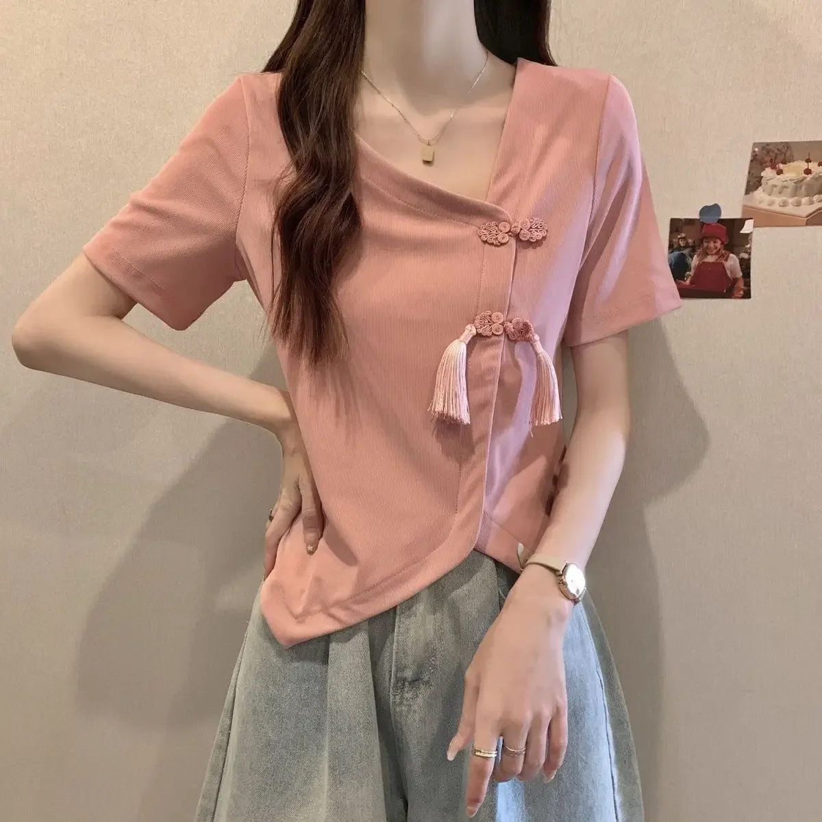 T-shirt da donna vintage con design irregolare nappa stile cinese dolce letterario giovane per il tempo libero ufficio signora top estivi delicati quotidiano